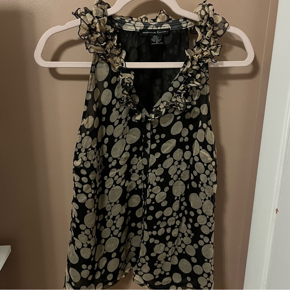 Vintage 90s Y2K Marina Luna Black Sleeveless Ruffle Neck Polka Dot Silk Camisole